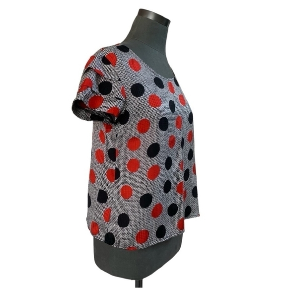 Women Top MYNE Ashley Ann Red Black Polka Dot Ruffle Blouse Button Back Silk Top - Picture 3 of 6